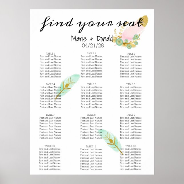 Poster Boho Pink and Gold Feathers Seating Chart (Frente)