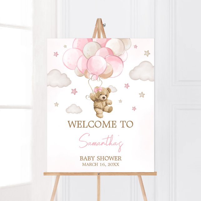 Poster Boho Pink Bear Balloon Chá de fraldas Bem-vindo (We Can Bearly Wait Pink Balloon Baby Shower Welcome Sign)