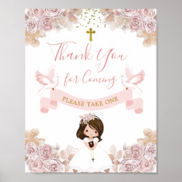 Poster Boho Pink Floral Girl 1rua Comunhão Sagrada Obriga