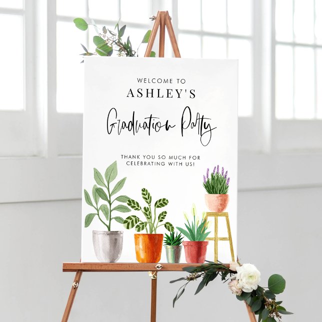 Poster Boho Potted Family Festa de formatura Welcome (Customizable boho graduation party welcome sign featuring watercolor potted houseplants. )