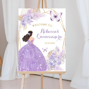Poster Boho Purple Floral Butterfly Quinceañera Bem-vindo