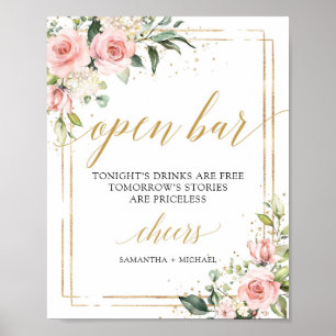 Poster Boho quadro dourado pincel sinal de bar aberto flo