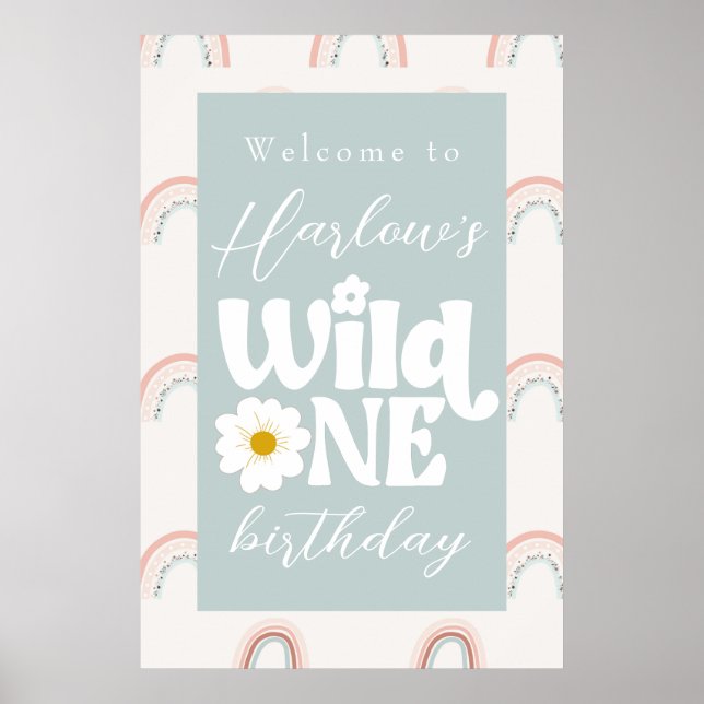 Poster Boho Rainbow Daisy Wild Um Primeiro Aniversário Be (Frente)