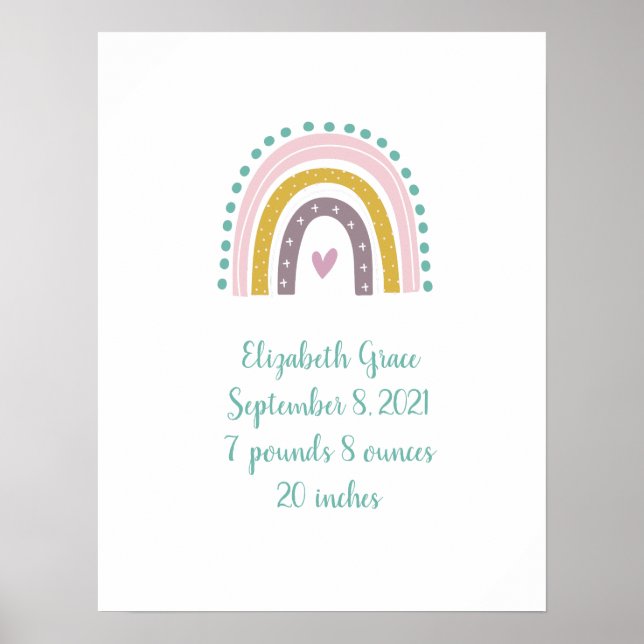 Poster Boho Rainbow Pink Teal Gold Hearts Birth Stats  (Frente)