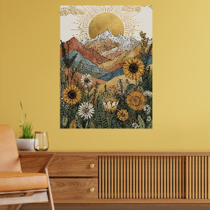 Poster Boho Rajada Solar Celestial Montanha Girassol