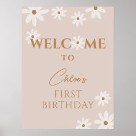 Poster Boho Retro Brown Daisy Girl Aniversário Bem-vindo
