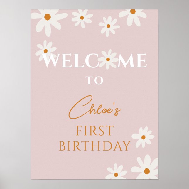 Poster Boho Retro Pink Daisy Floral Girl Birthday (Frente)