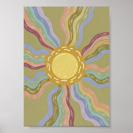 Poster Boho Retro Sol & Raios de Arco-Íris Suaves Arte Mi