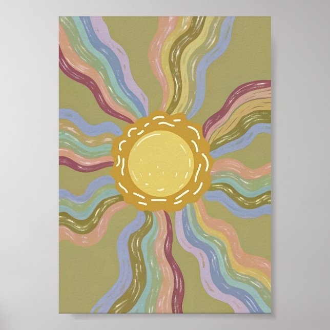 Poster Boho Retro Sol & Raios de Arco-Íris Suaves Arte Mi (Frente)