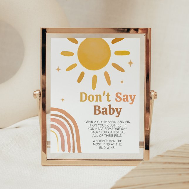 Poster Boho Retro Sunshine Chá de fraldas Não Diga Bebê (Here Comes the Sun Baby Shower Don't Say Baby Sign)