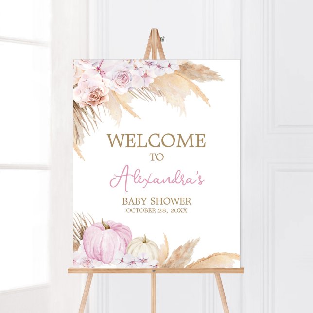 Poster Boho Rosa Chá de fraldas Pumpkin Bem-vindo (Boho Pampas Grass Baby Shower Welcome Sign)