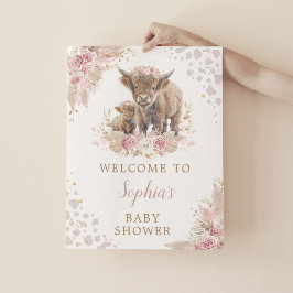 Poster Boho Rosa Highland Cow Baby Girl Chá Bem-vindo