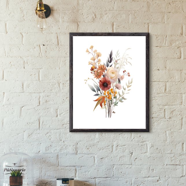 Poster Boho Rosa Peach Amarelo Azul bege Floral Botânico (Rose White Beige Peach Yellow and Blue Floral  Botanical Wall Art poster. Digital or Printed Framed)