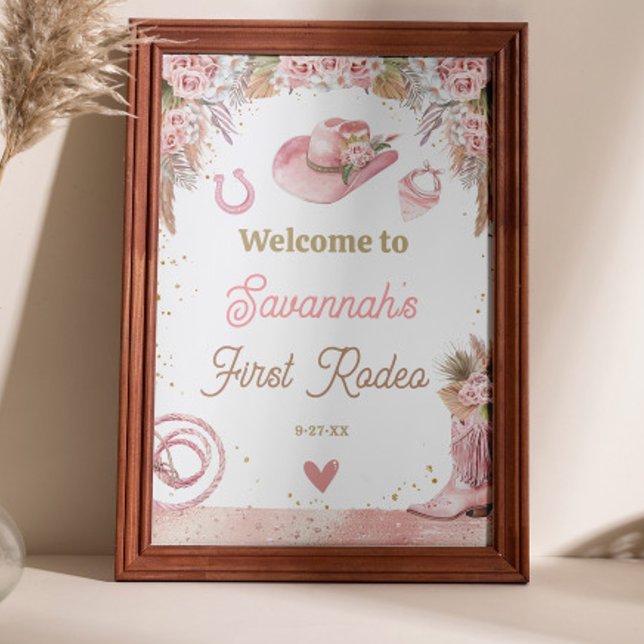 Poster Boho Rosa Primeiro primeiro aniversario Rodeado 24 (Pink Boho First Rodeo 1st Birthday 24x36 Welcome Poster)