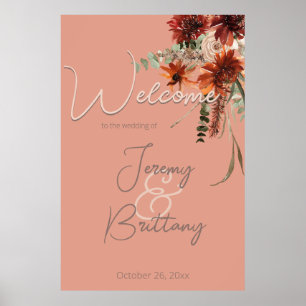 Poster Boho Rust & Neutral Fall Floral Peach Casamento de