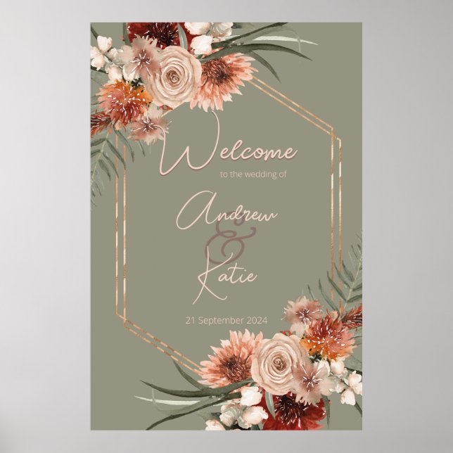 Poster Boho Rust & Neutral Queda Floral Green Casamento I (Frente)