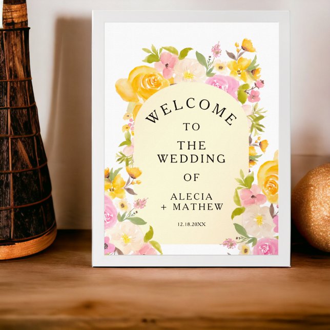 Poster Boho Rustic meadow yellow pink Weding Bem-vindo (Boho rustic meadow yellow pink Wedding Welcome Poster)