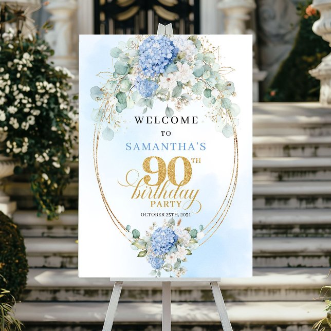 Poster Boho Rústico Hydrangeas Dourado Bem-vindo 90º Aniv (Rustic Boho Hydrangeas Gold 90th Birthday Welcome)