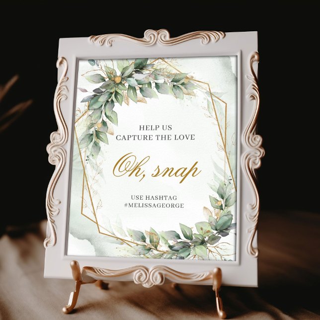 Poster Boho Sage eucalipto deixa brilho de ouro (Boho sage eucalyptus leaves gold glitter oh, snap hashtag wedding tabletop sign )