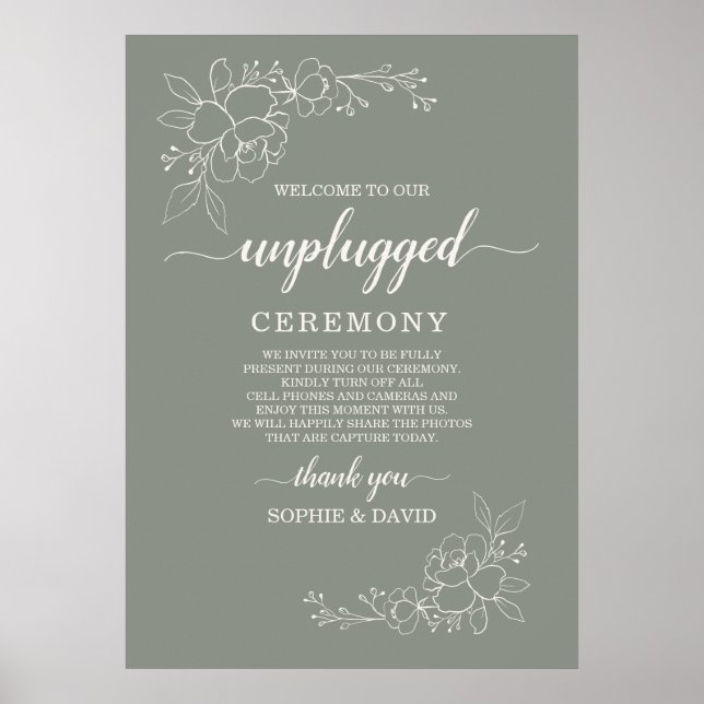 Poster Boho Sage Green Unplugged Ceremony Sign (Frente)
