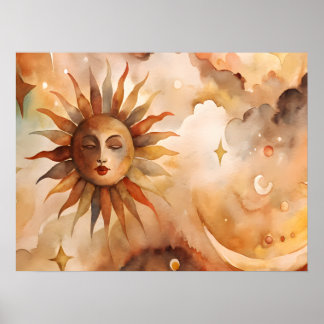 Poster Boho Sol & Lua | Decoração Celestial Minimalista p