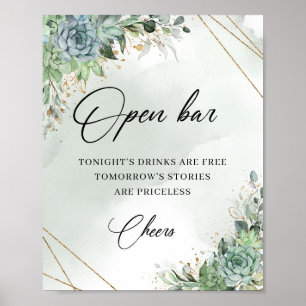 Poster Boho suculentas eucalipto dourado placa de bar abe