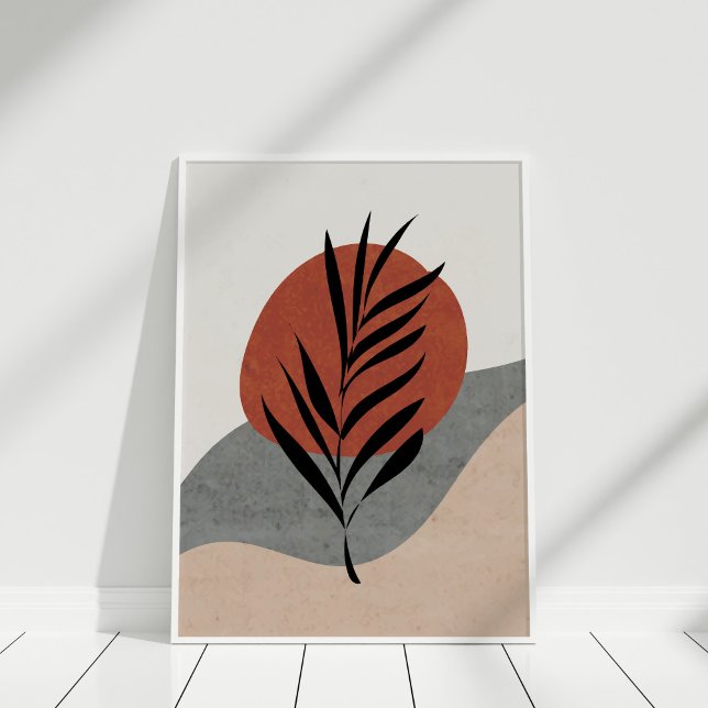 Poster Boho Terracotta Abstrato Sun e Landscape Art (Boho Terracotta Abstract Sun and Landscape Art Poster against white wll in white frame.)