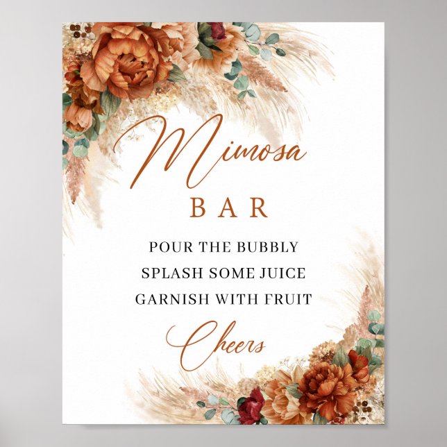 Poster Boho terracotta e bar floral burgundy mimosa (Frente)