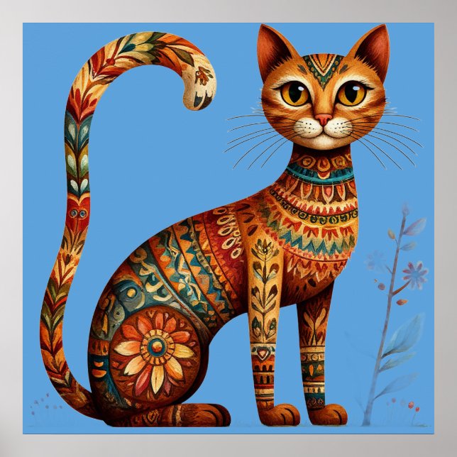 Poster Boho Tribal Gato Arte Popular Fofa com Flores (Frente)