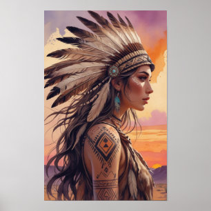 Poster Boho Tribal Queen com Headdress Feather