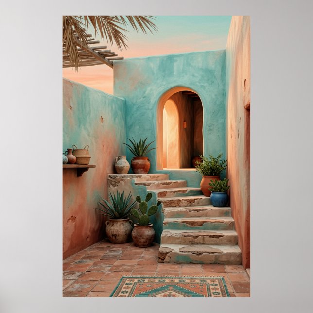 Poster Boho Turquoise Desert Courtyard, Rustic Staircase  (Frente)