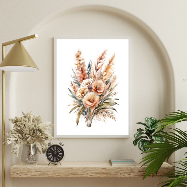 Poster Boho Watercolor Beige Cream Castanho (Boho Floral Botanical Cream Brown Beige Bouquet Wall Art Poster Print. Printed or Digital Download)