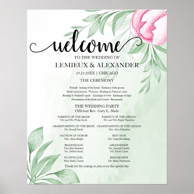 Poster Boho Watercolor Eucalyptus Sobra Programa Casament (Frente)