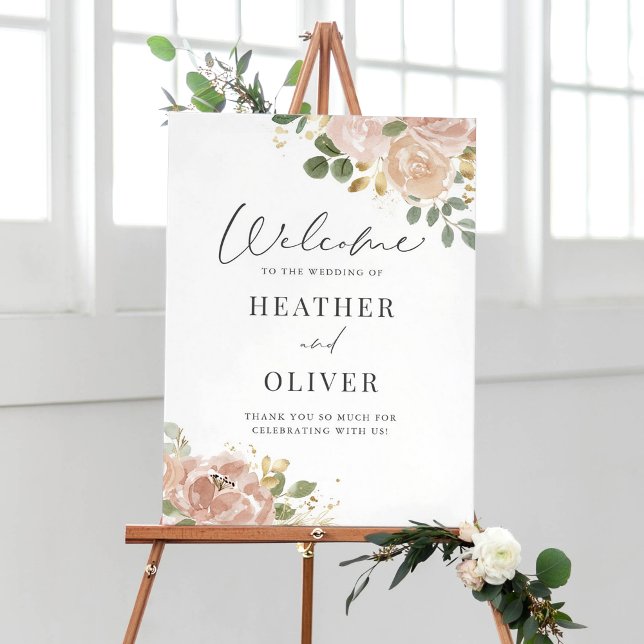 Poster Boho Watercolor Mauve Peach Flowers Casamento (Boho Watercolor Mauve Peach Flowers Wedding Welcome Sign)