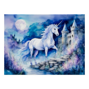 Pôster Boho Watercolor White Unicorn Perto do Velho Caste