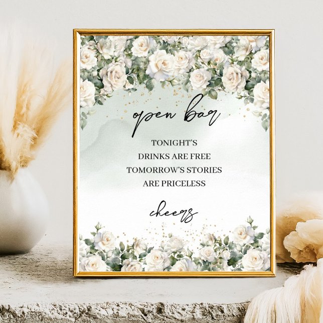 Poster Boho White Roses Greenerescência e sinal de bar Ab (Elegant White Roses Floral Garden greenery open bar wedding tabletop sign)