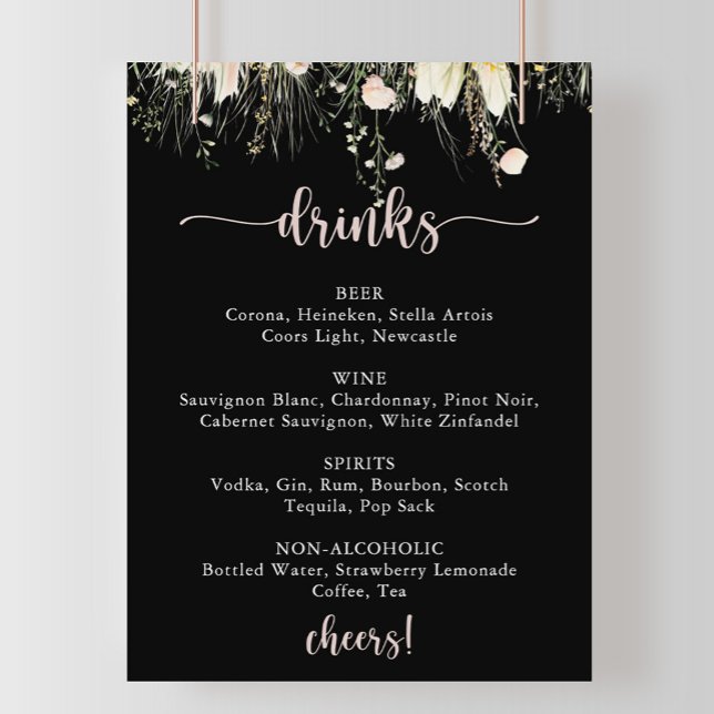 Poster Boho Wildflower Black Weding Menu (Criador carregado)