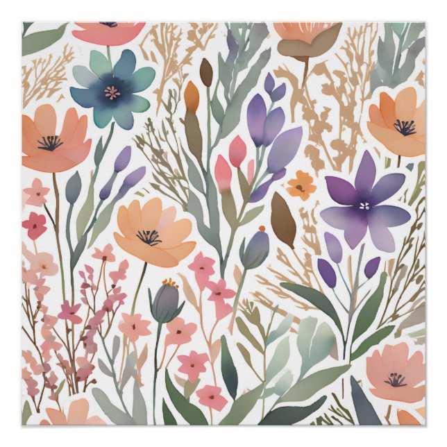 Pôster Boho Wildflower Watercolor Pastel Floral (Frente)