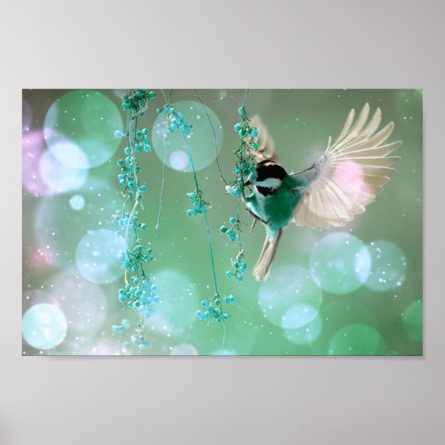 Poster Bokeh Bubbles Voando Hummingbird - Verde (Frente)