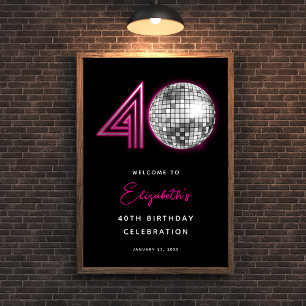 Poster Bola de Discoteca Neon Preto Rosa Quarenta 40º Ani