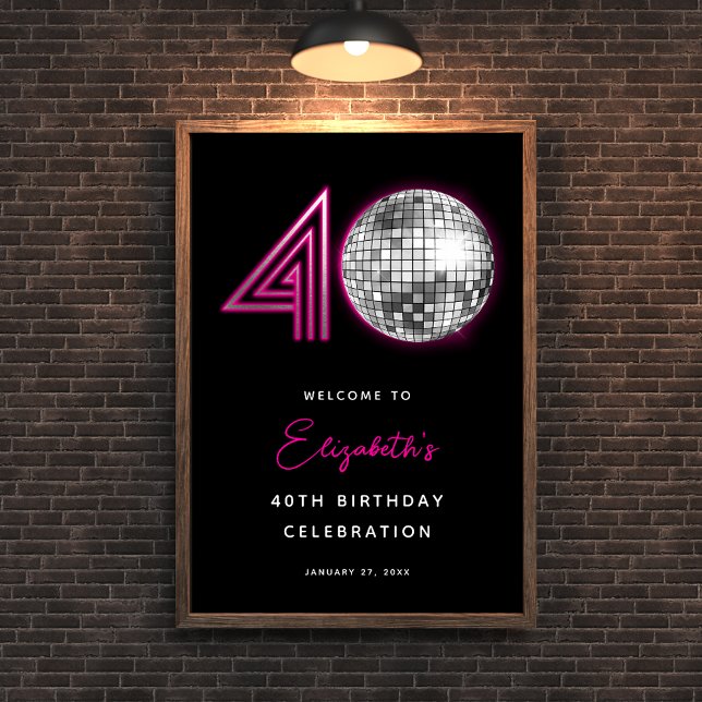 Poster Bola de Discoteca Rosa Neon Preto Quarenta 40º Ani (Black Neon Pink Disco Ball Forty 40th Birthday Poster)
