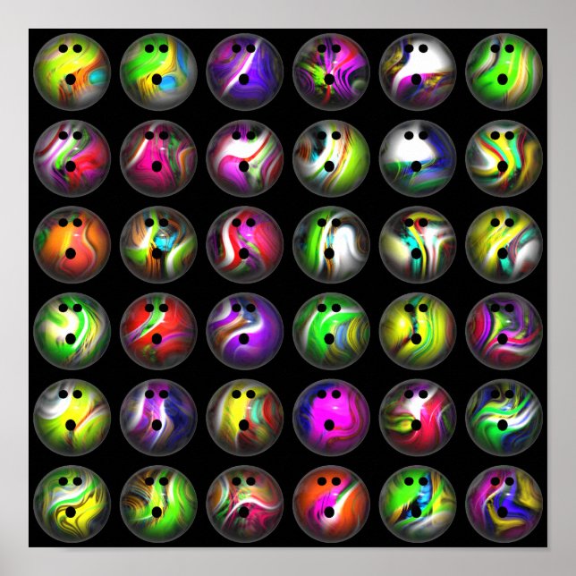 Pôster Bolas de boliche coloridas (Frente)