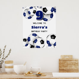 Poster bolas de futebol azuis pretas festa de aniversário