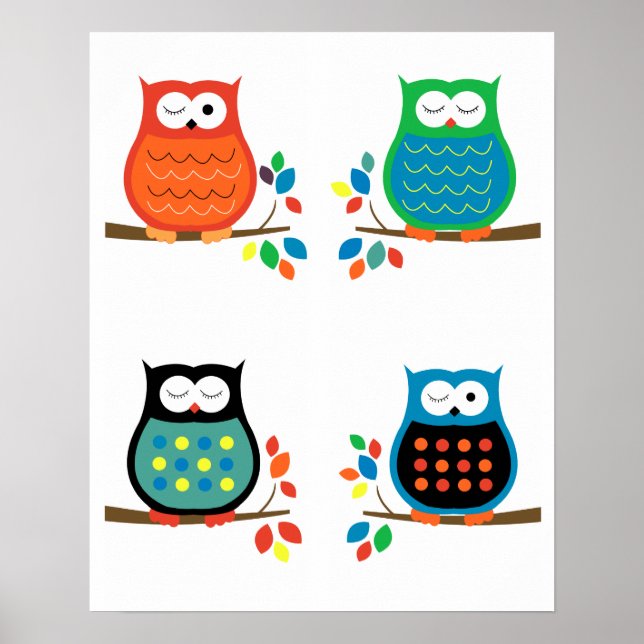 Pôster Bold Colorful Owls Nursery Prints (Four 8x10) (Frente)