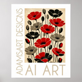 Poster Bold Red & Black Retro Papoulas Floral