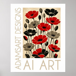 Poster Bold Red & Black Retro Papoulas Floral