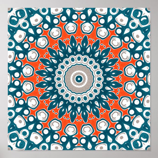Poster Bold Teal and Coral Symmetrical Mandala (Frente)