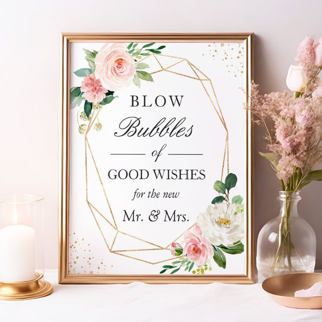Poster Bolhas de Casamento de Boas Desejos Blush Floral R (Criador carregado)
