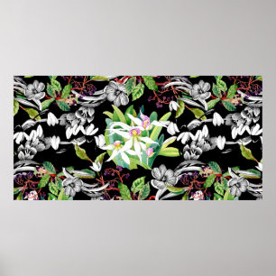 Poster Bolhas de neve esboçadas e flores de orquídeas f