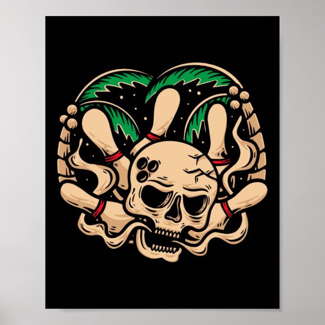 Poster Boliches Pinos Retro Caveira Skeleton Boliche Cabe (Frente)